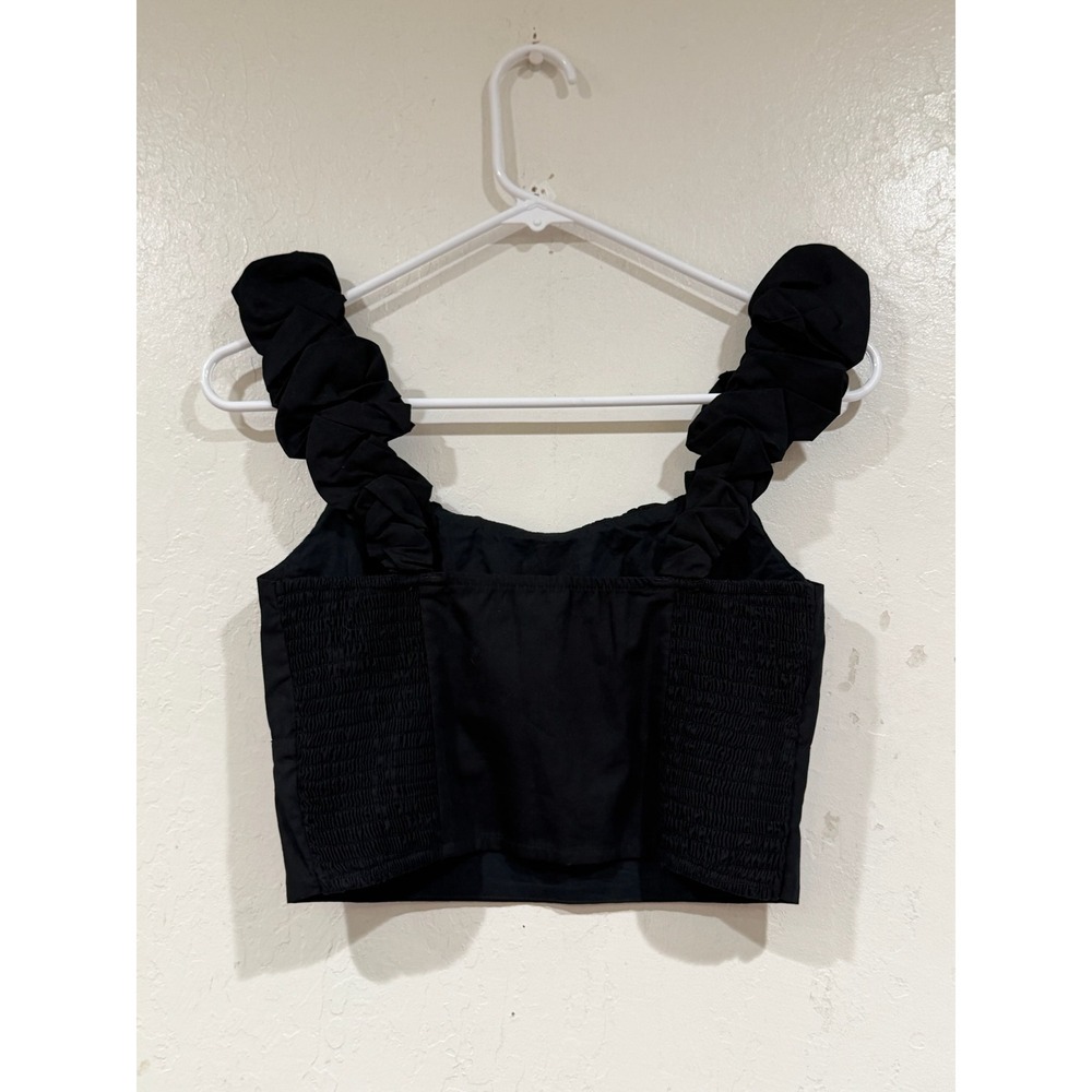 Abercrombie & Fitch Black Ruffle Strap Ruched Crop Top XS Square Neck Smocked - Picture 3 of 6